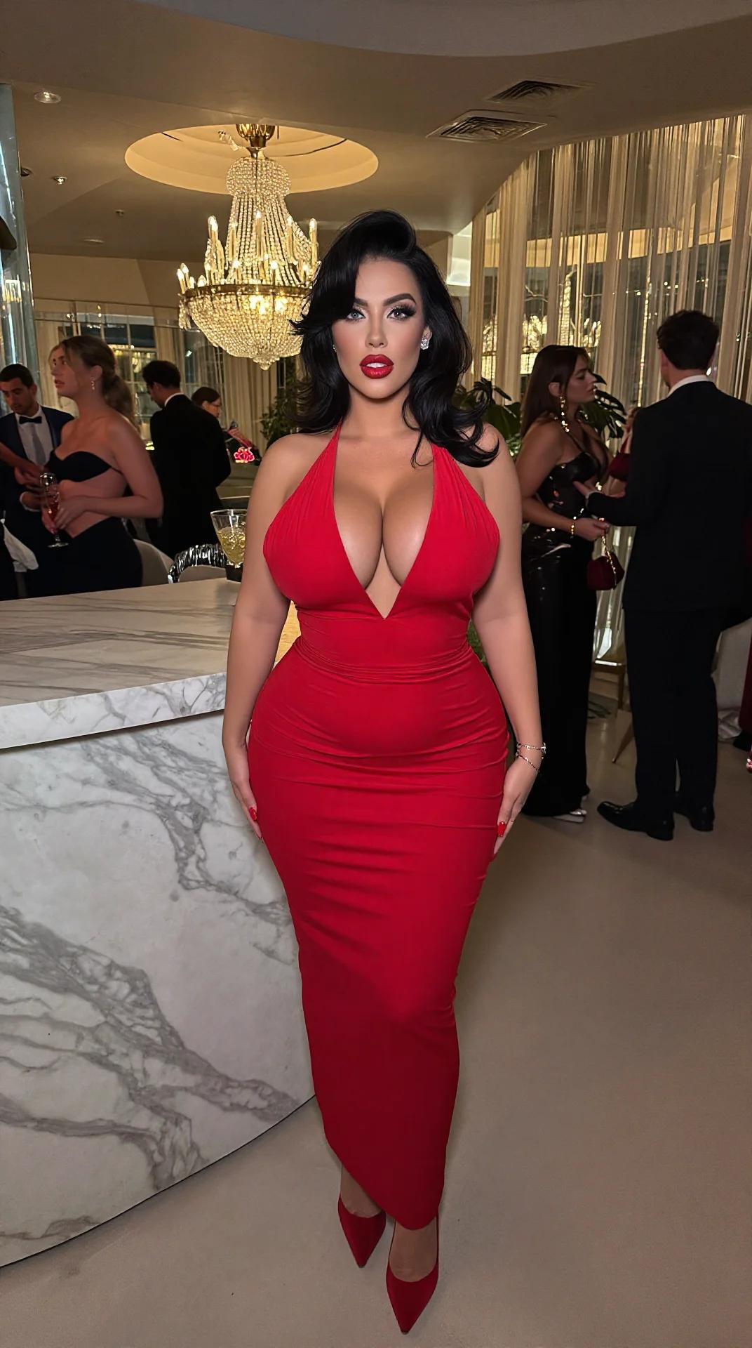 Curvy red dress cleavage