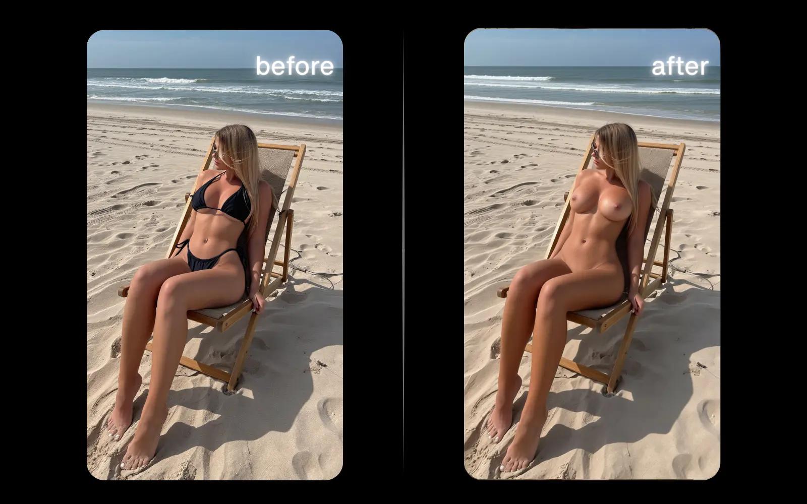 Undress AI before and after - beach bikini removal
